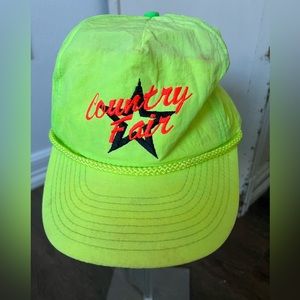 Vintage Nissin neon yellow rope hat cap COUNTY FAIR.